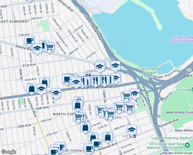 map of restaurants, bars, coffee shops, grocery stores, and more near 32-14 108th Street in Queens