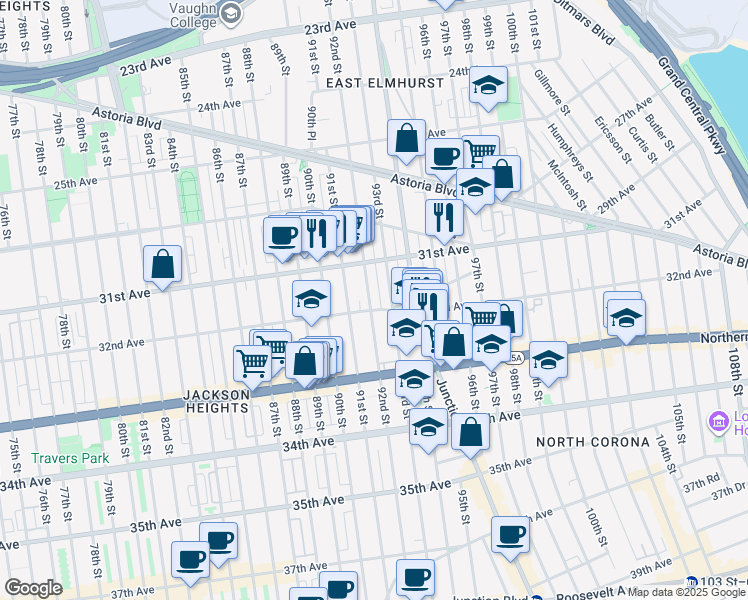 map of restaurants, bars, coffee shops, grocery stores, and more near 31-29 92nd Street in Queens