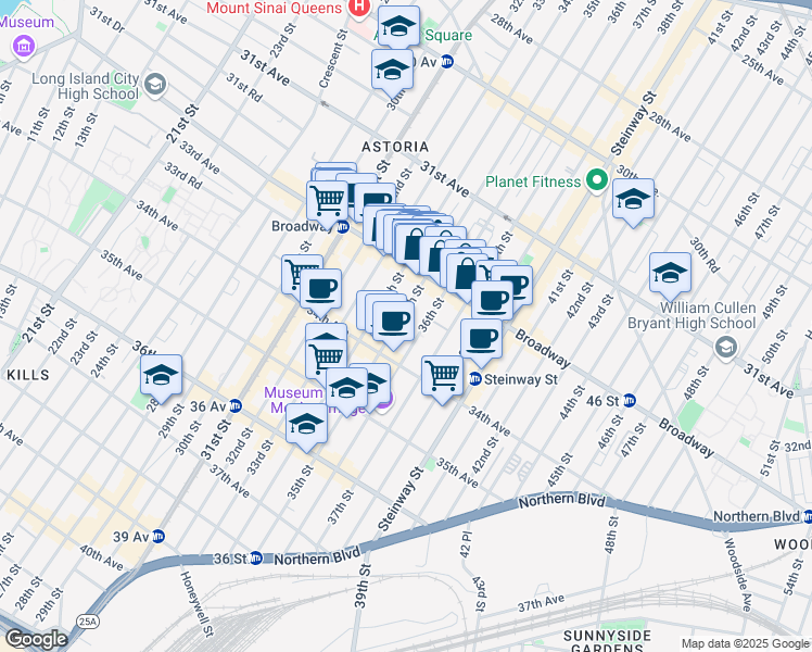 map of restaurants, bars, coffee shops, grocery stores, and more near 32-40 35th Street in Queens
