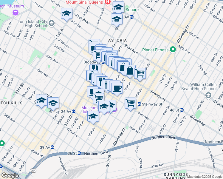 map of restaurants, bars, coffee shops, grocery stores, and more near 32-60 34th Street in Queens