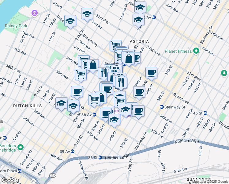 map of restaurants, bars, coffee shops, grocery stores, and more near in Queens