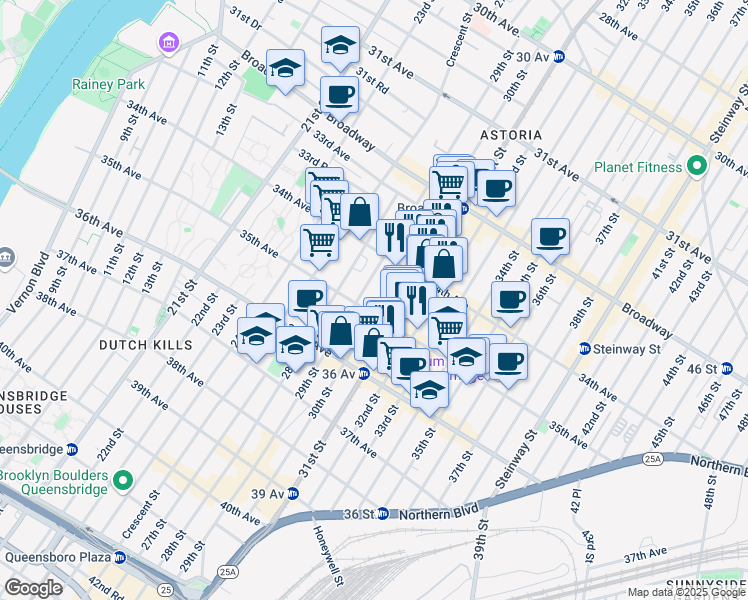 map of restaurants, bars, coffee shops, grocery stores, and more near 34-34 30th Street in Queens