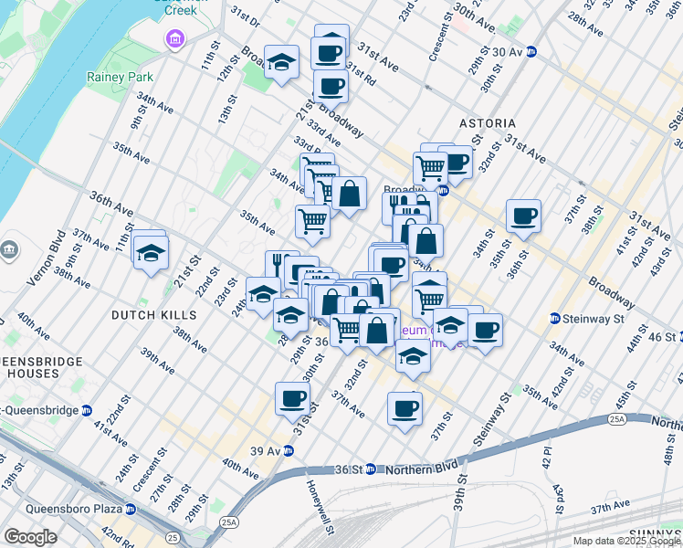 map of restaurants, bars, coffee shops, grocery stores, and more near 3449 28th Street in Queens
