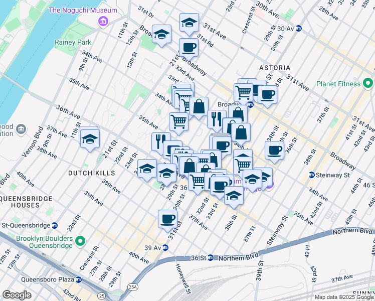 map of restaurants, bars, coffee shops, grocery stores, and more near 3449 28th Street in Queens