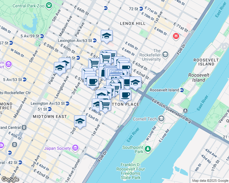 map of restaurants, bars, coffee shops, grocery stores, and more near 331 East 58th Street in New York