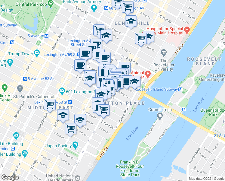 map of restaurants, bars, coffee shops, grocery stores, and more near 331 East 58th Street in New York