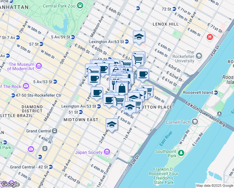 map of restaurants, bars, coffee shops, grocery stores, and more near 1065 2nd Avenue in New York