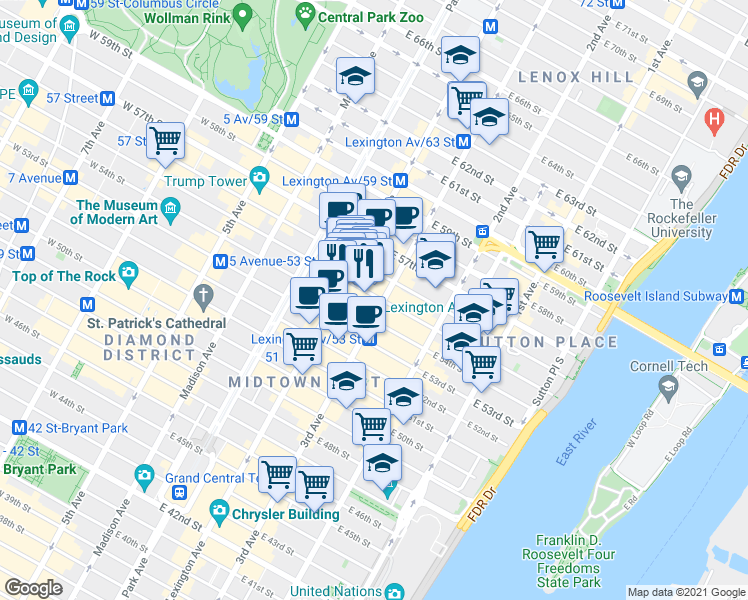 map of restaurants, bars, coffee shops, grocery stores, and more near 676 Lexington Avenue in New York