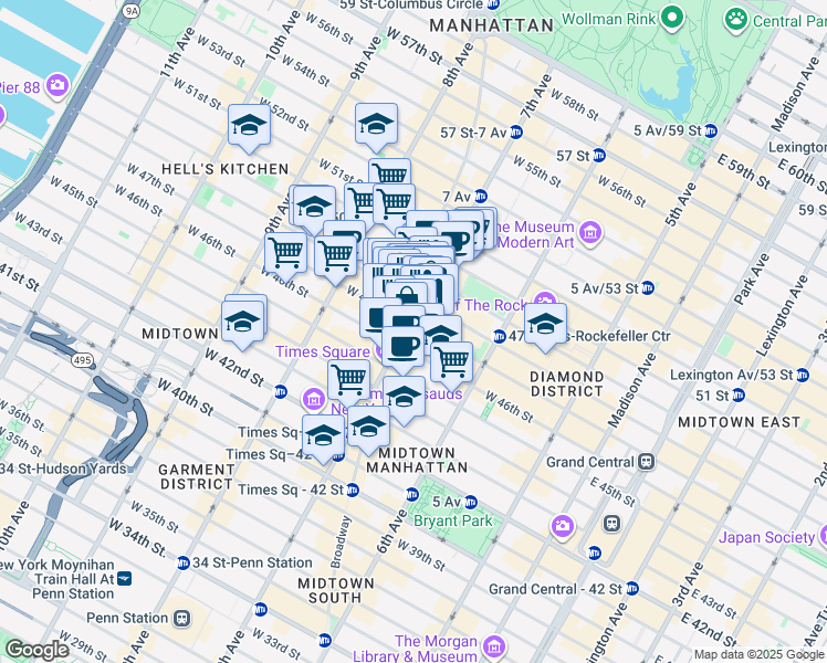 map of restaurants, bars, coffee shops, grocery stores, and more near in New York