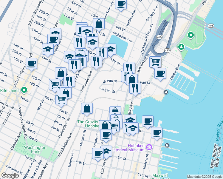 map of restaurants, bars, coffee shops, grocery stores, and more near 53 Chestnut Street in Weehawken
