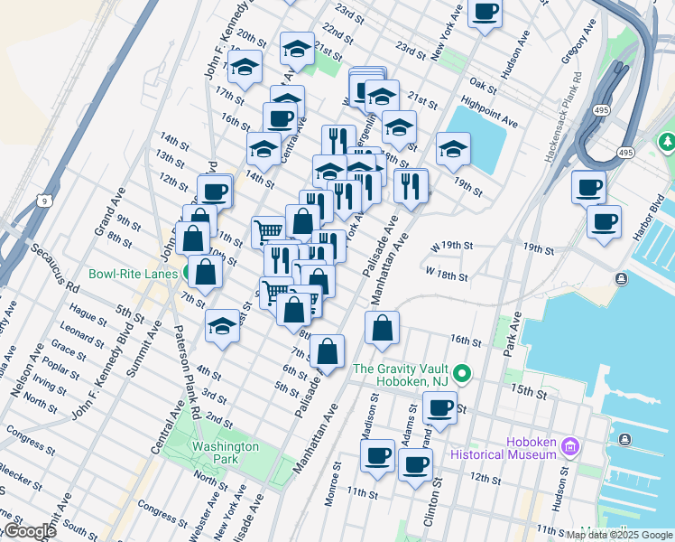 map of restaurants, bars, coffee shops, grocery stores, and more near 319 13th Street in Union City