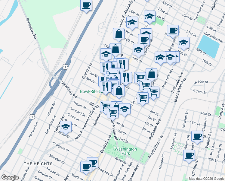map of restaurants, bars, coffee shops, grocery stores, and more near 1003-1007 Summit Avenue in Union City