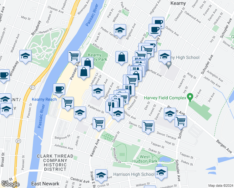 map of restaurants, bars, coffee shops, grocery stores, and more near 43 Windsor Street in Kearny