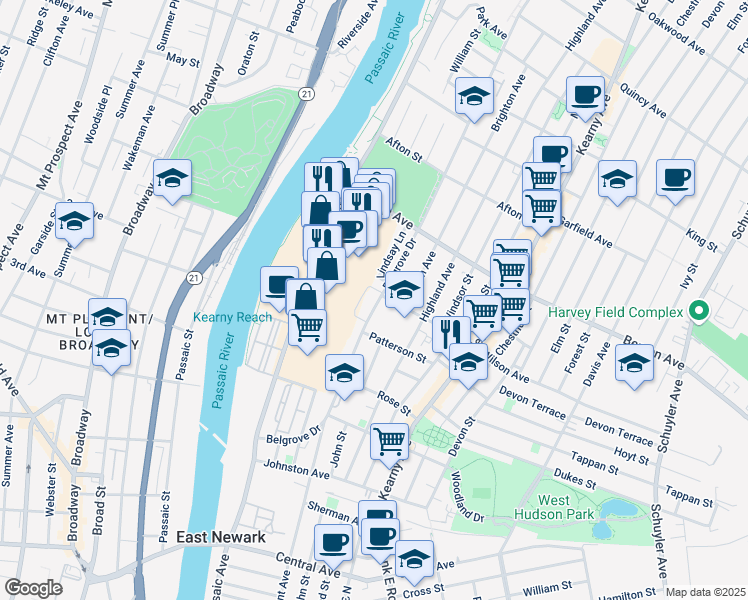 map of restaurants, bars, coffee shops, grocery stores, and more near 208 Belgrove Drive in Kearny