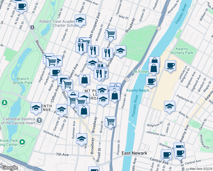 map of restaurants, bars, coffee shops, grocery stores, and more near 253 Broadway in Newark