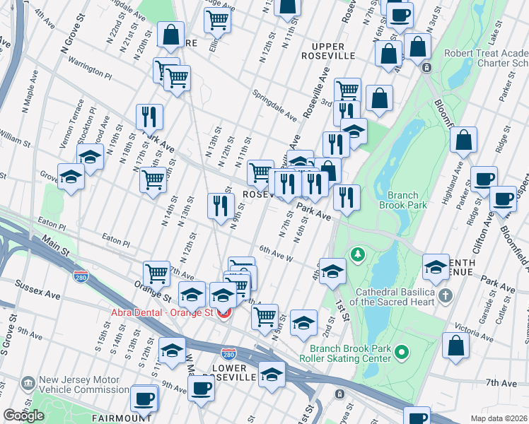 map of restaurants, bars, coffee shops, grocery stores, and more near 246 Roseville Avenue in Newark