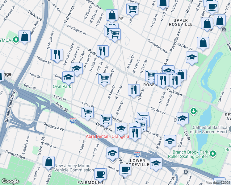 map of restaurants, bars, coffee shops, grocery stores, and more near 104 North 13th Street in Newark