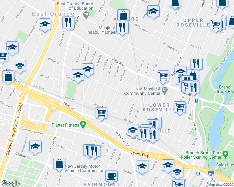 map of restaurants, bars, coffee shops, grocery stores, and more near 40 William Street in East Orange