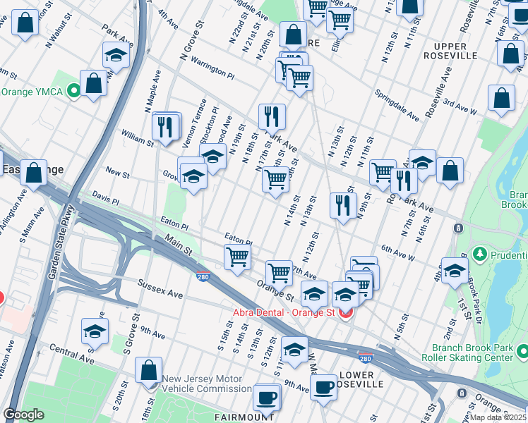 map of restaurants, bars, coffee shops, grocery stores, and more near 47 North 16th Street in East Orange