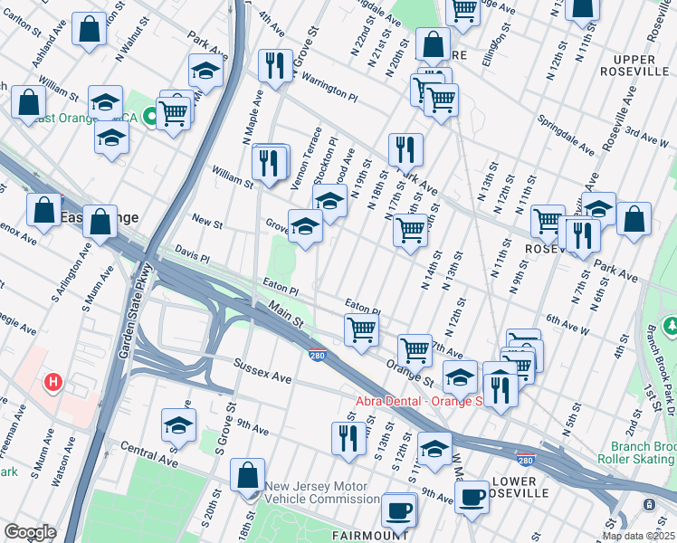 map of restaurants, bars, coffee shops, grocery stores, and more near 100 North 18th Street in East Orange