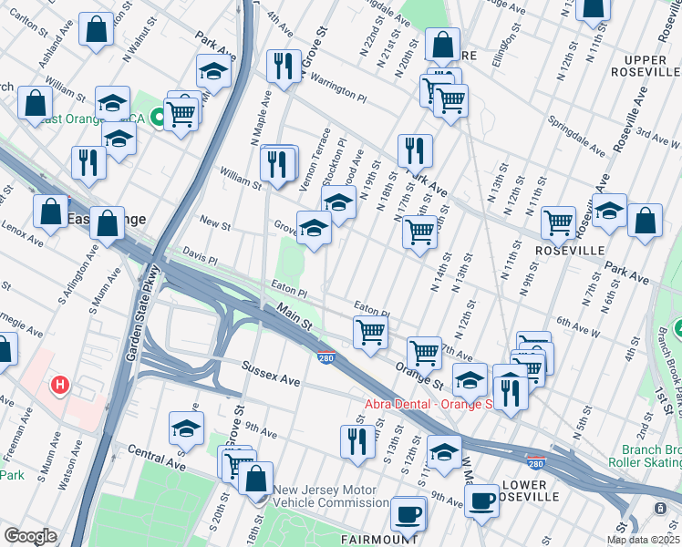 map of restaurants, bars, coffee shops, grocery stores, and more near 1 Fellowship Cir in East Orange