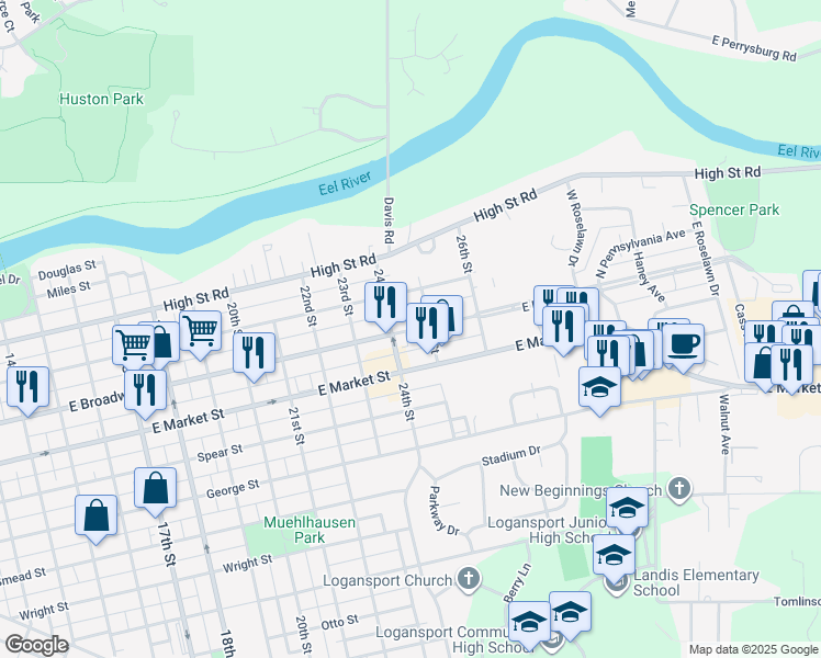 map of restaurants, bars, coffee shops, grocery stores, and more near 2422 East Broadway in Logansport