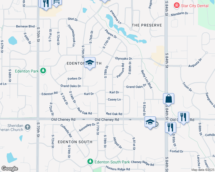 map of restaurants, bars, coffee shops, grocery stores, and more near 5344 South 78th Street in Lincoln