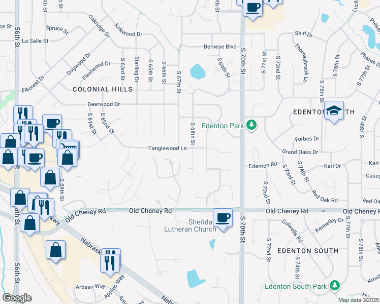 map of restaurants, bars, coffee shops, grocery stores, and more near 6720 Tanglewood Lane in Lincoln