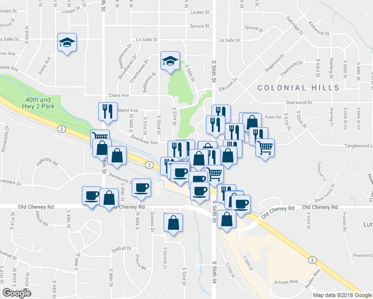 map of restaurants, bars, coffee shops, grocery stores, and more near 5530 Shady Creek Court in Lincoln