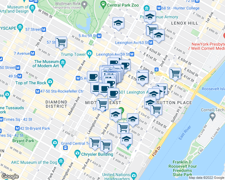 map of restaurants, bars, coffee shops, grocery stores, and more near Lexington Ave & E 54th St in New York