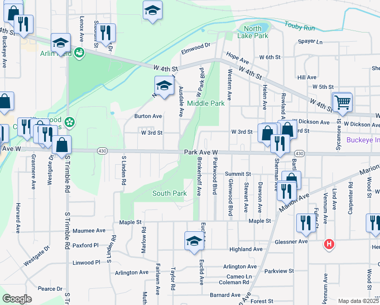 map of restaurants, bars, coffee shops, grocery stores, and more near 699 Park Avenue West in Mansfield