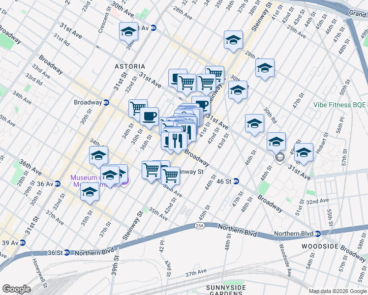 map of restaurants, bars, coffee shops, grocery stores, and more near 31-91 Steinway Street in Queens