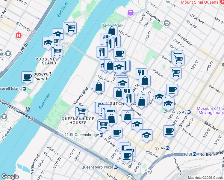 map of restaurants, bars, coffee shops, grocery stores, and more near 37-10 11th Street in Queens