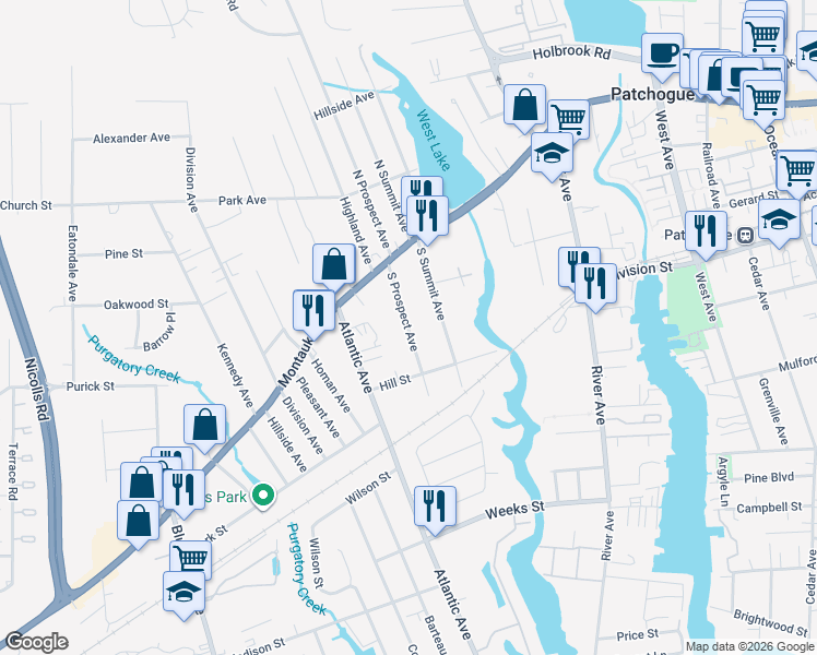 map of restaurants, bars, coffee shops, grocery stores, and more near South Prospect Avenue in Patchogue