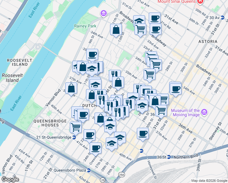 map of restaurants, bars, coffee shops, grocery stores, and more near 36-21 21st Street in Queens