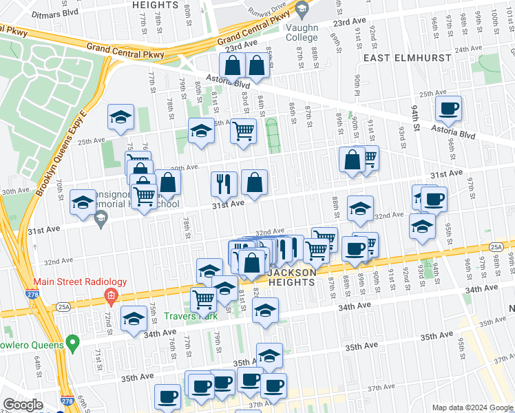 map of restaurants, bars, coffee shops, grocery stores, and more near 31-06 83rd Street in Queens