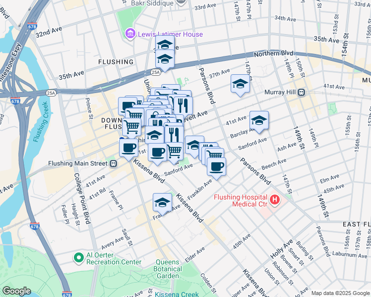 map of restaurants, bars, coffee shops, grocery stores, and more near in Queens