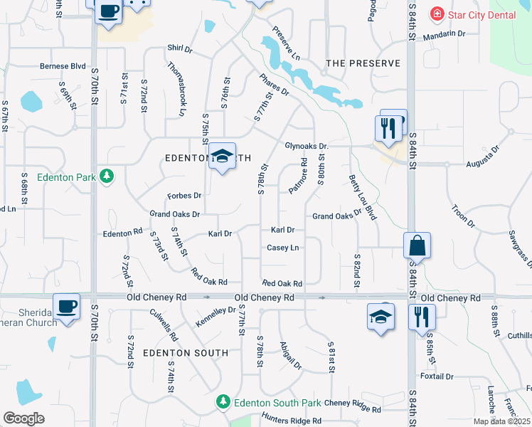 map of restaurants, bars, coffee shops, grocery stores, and more near 5344 South 78th Street in Lincoln