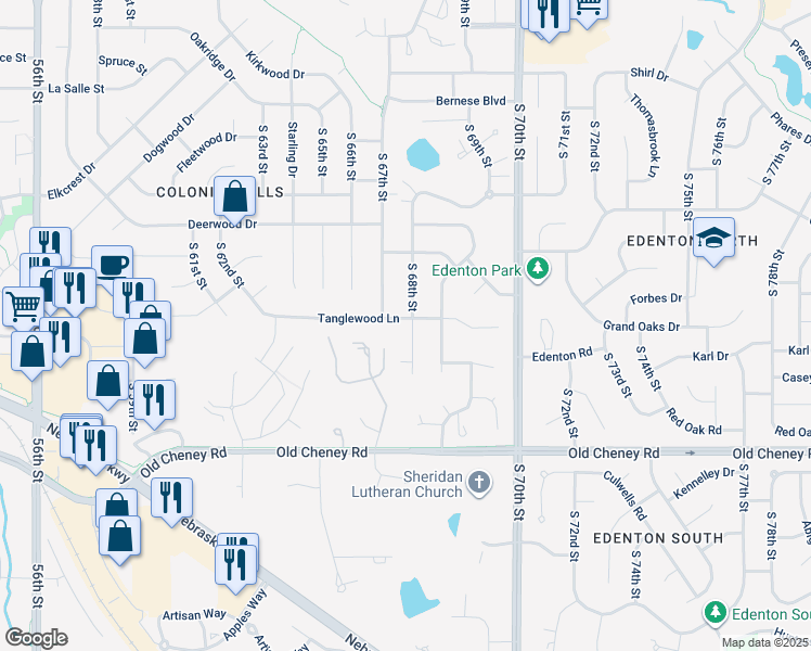 map of restaurants, bars, coffee shops, grocery stores, and more near 6720 Tanglewood Lane in Lincoln