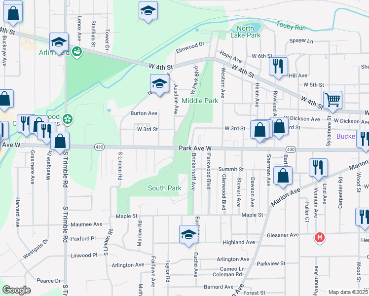 map of restaurants, bars, coffee shops, grocery stores, and more near 699 Park Avenue West in Mansfield