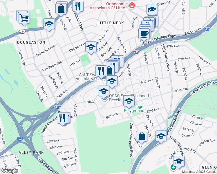 map of restaurants, bars, coffee shops, grocery stores, and more near 245 Horace Harding Expressway in Queens