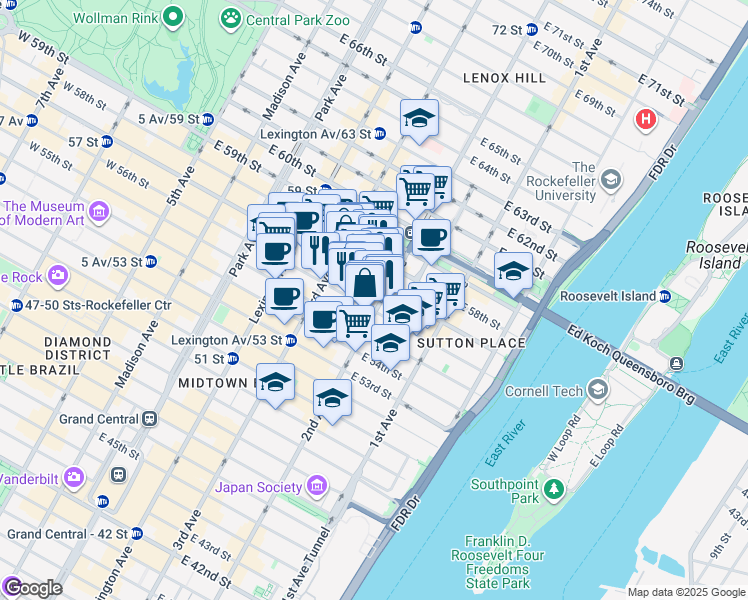 map of restaurants, bars, coffee shops, grocery stores, and more near 1065 2nd Avenue in New York