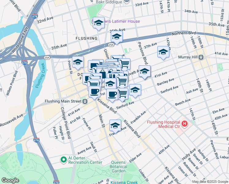 map of restaurants, bars, coffee shops, grocery stores, and more near 136-71 41st Avenue in Queens