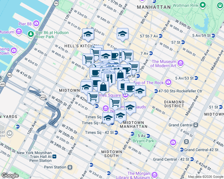 map of restaurants, bars, coffee shops, grocery stores, and more near 251 West 45th Street in New York