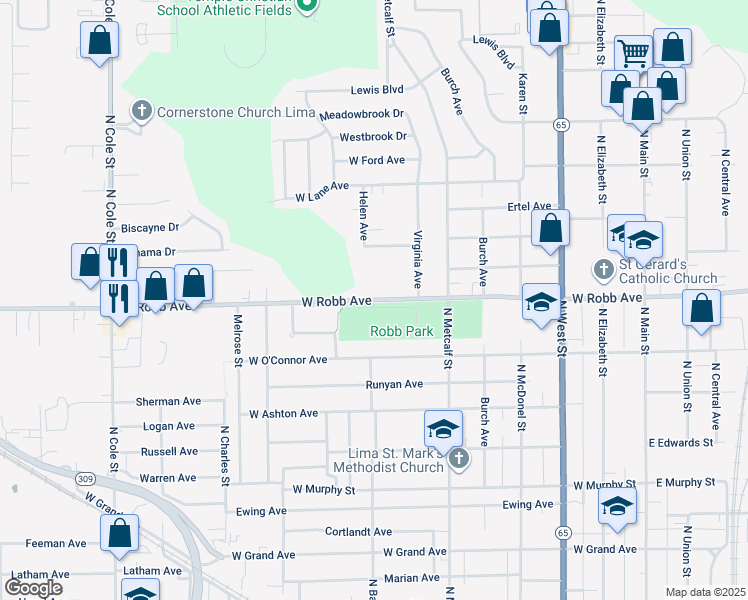 map of restaurants, bars, coffee shops, grocery stores, and more near 793 West Robb Avenue in Lima
