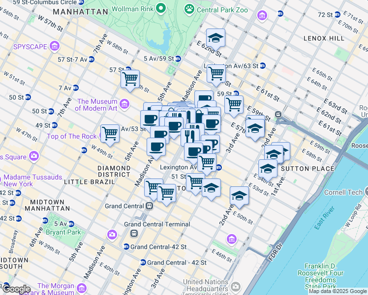 map of restaurants, bars, coffee shops, grocery stores, and more near 381 Park Avenue in New York