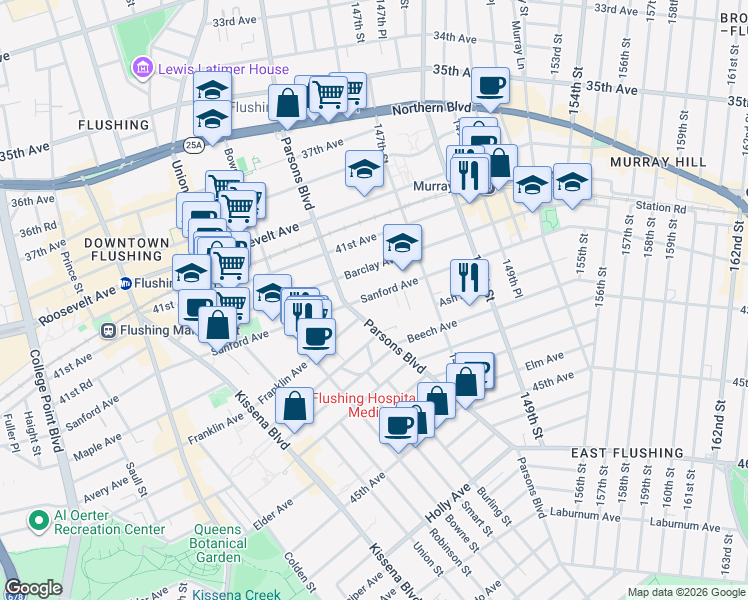 map of restaurants, bars, coffee shops, grocery stores, and more near 144-39 Sanford Avenue in Queens