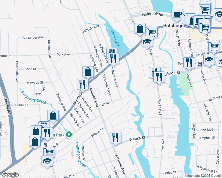 map of restaurants, bars, coffee shops, grocery stores, and more near 14 South Prospect Avenue in Patchogue