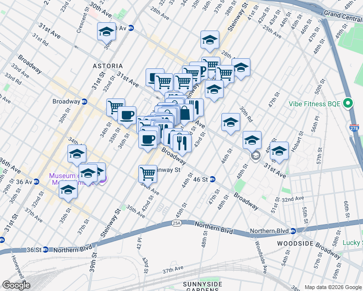 map of restaurants, bars, coffee shops, grocery stores, and more near 31-49 41st Street in Queens