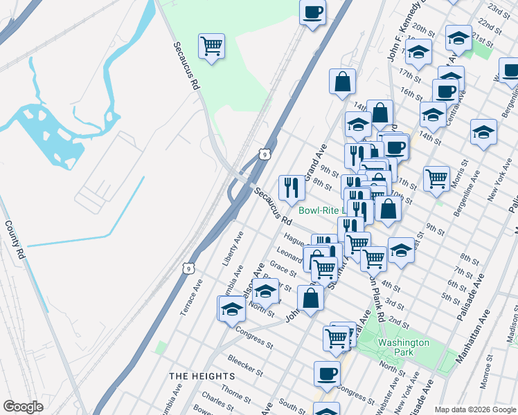 map of restaurants, bars, coffee shops, grocery stores, and more near in North Bergen
